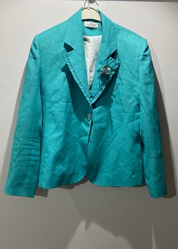 Turkuaz Düğmeli Keten Kadın Blazer Ceket - Görsel 4