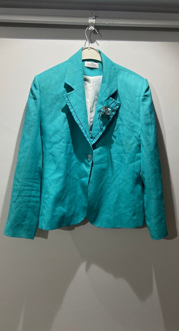Turkuaz Düğmeli Keten Kadın Blazer Ceket - Görsel 4