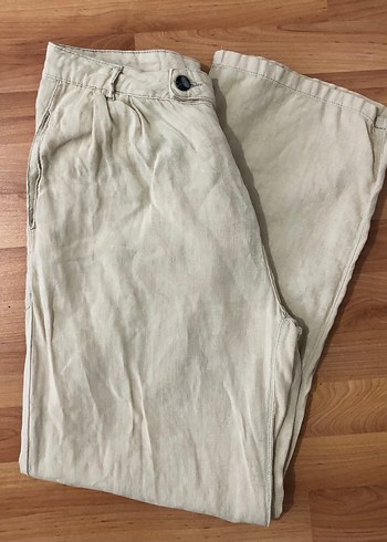 Bej Keten Bol Kesim Kadın Pantolon - Görsel 6