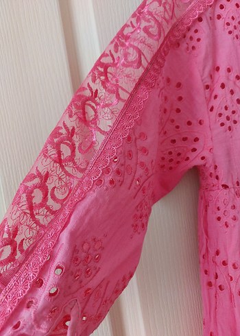 m Beden Dantel Detaylı Pembe Bohem Uzun Elbise