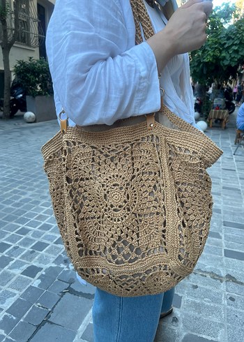 Craft Kağıt İp Çiçek Nakışlı Örgü Bohem Kadın Çanta