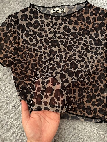 m Beden Leoparlı Transparan Crop Top