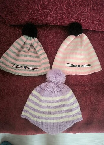 DeFacto 3 adet 2/3 yaş kışlık kız çocuk şapkası yeni