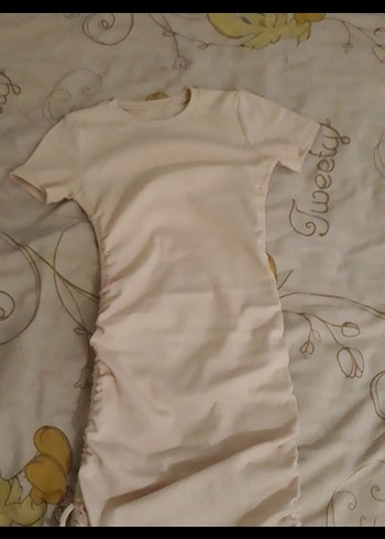 Drapeli Kısa Kollu Keten Elbise - Görsel 2