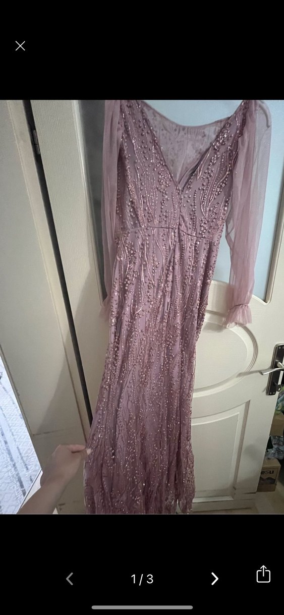 Pembe İşlemeli Uzun Kollu Abiye Elbise - Görsel 2