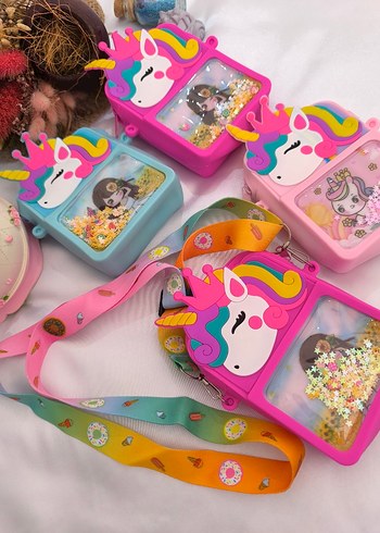 Renkli Unicorn Desenli Kız Çanta ve Kurdele