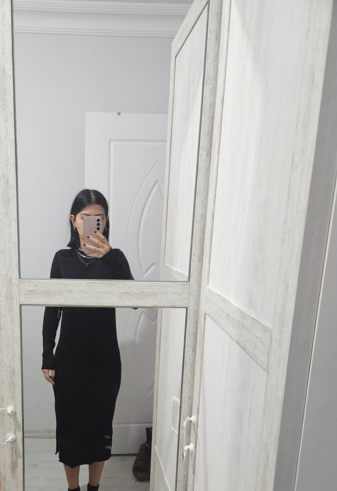 Uzun Siyah Keten Kadın Elbise - Görsel 4