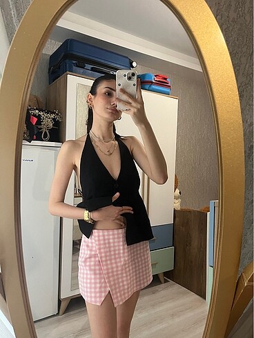 Zara pembe kareli şort etek