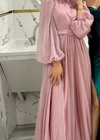 Pembe Drapeli Uzun Kollu Uzun Elbise