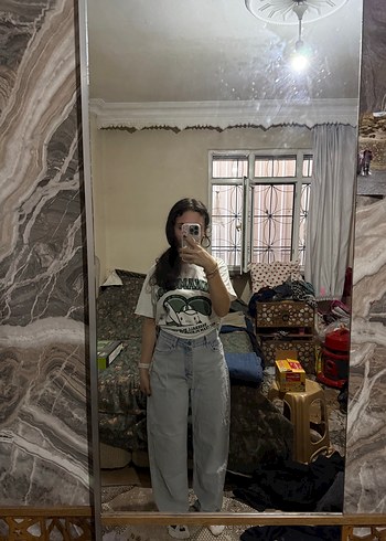 Gri Batik Desenli Bol Kesim Midi Kot Pantolon