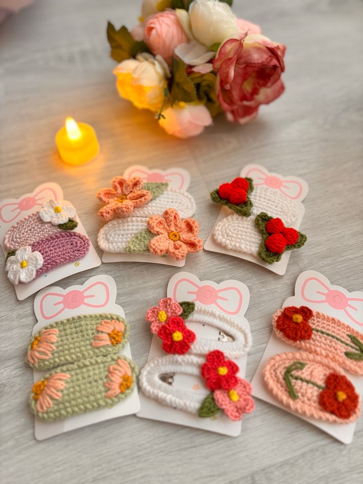 Nakışlı Örgü Çiçekli Çocuk Toka Seti - Görsel 2