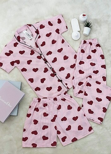 3 lu kalp desenli pijama takımı