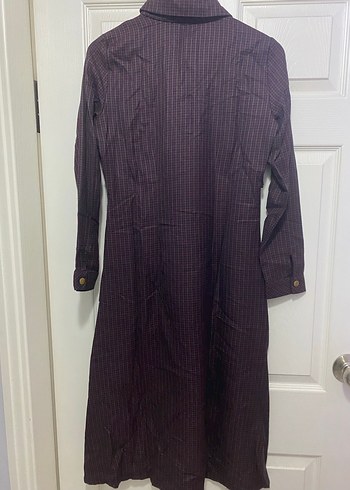 Bordo kareli Düğmeli Uzun Elbise - Görsel 3