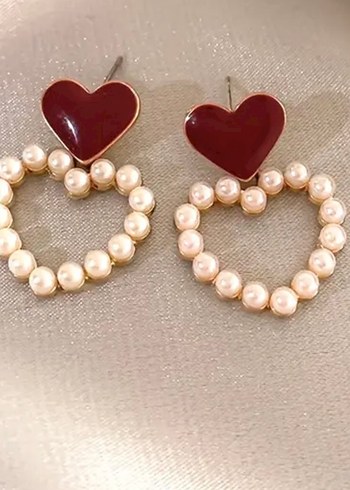 Bordo İnci Detaylı Kalp Küpe - Görsel 2