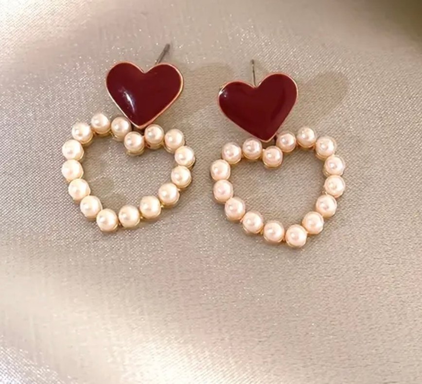 Bordo İnci Detaylı Kalp Küpe - Görsel 2