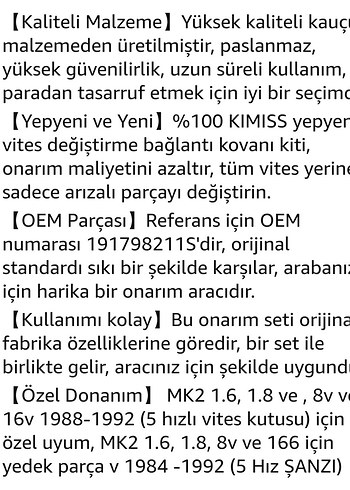 Kauçuk Vites Bağlantı Burcu Onarım Kiti Golf 88-92 Jetta 84-92 - Görsel 9