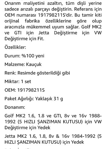 Kauçuk Vites Bağlantı Burcu Onarım Kiti Golf 88-92 Jetta 84-92 - Görsel 8