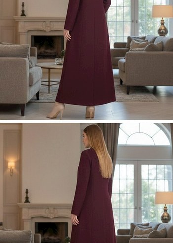 Bordo Düğmeli Uzun Kadın Kaban - Görsel 2