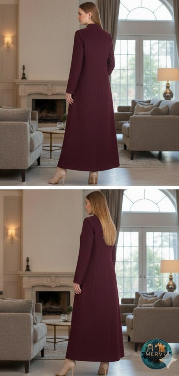 Bordo Düğmeli Uzun Kadın Kaban - Görsel 2