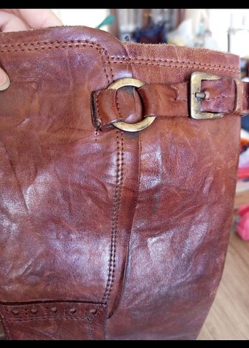 Vintage Kahverengi Tokalı Kadın Deri Biker Çizme - Görsel 6