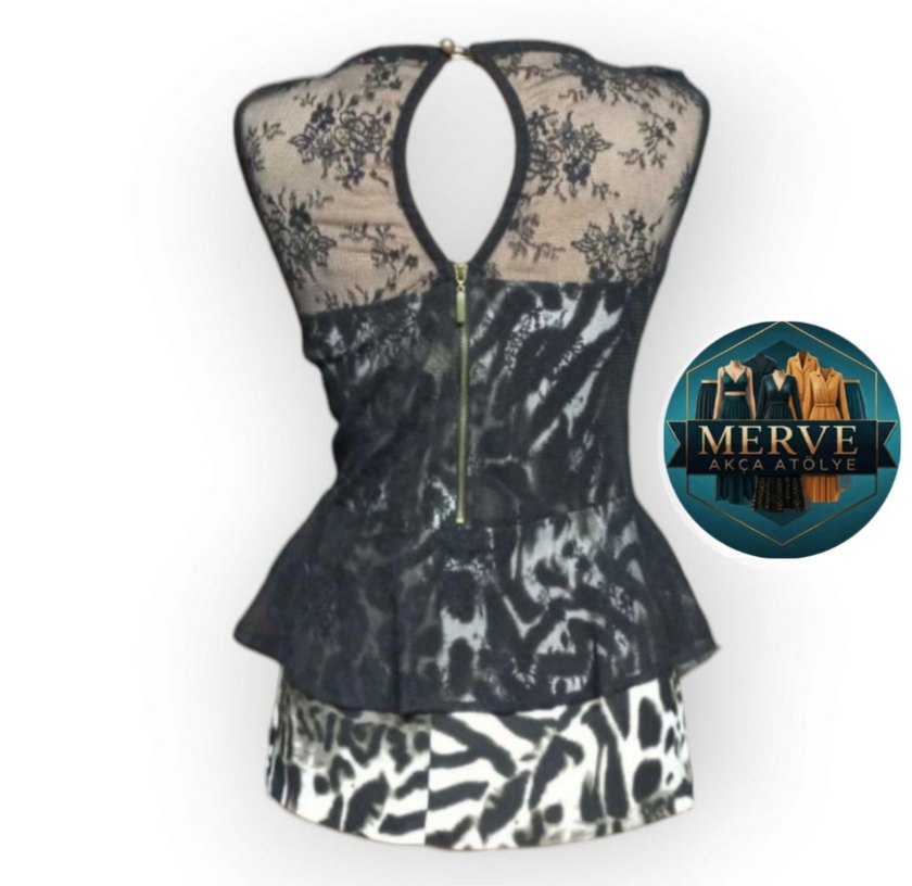 Dantel Detaylı Siyah Leopar Desenli  Tunik - Görsel 2