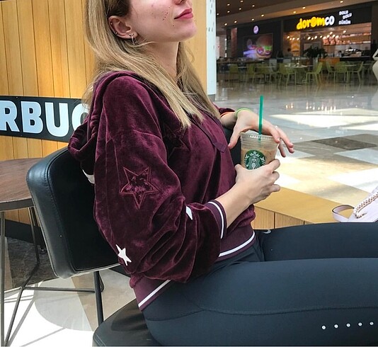 Kadife Yıldız Desenli Bordo Sweatshirt