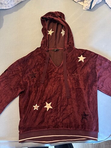 s Beden Kadife Yıldız Desenli Bordo Sweatshirt