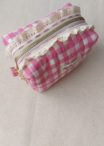 Dantel Detaylı Pembe Ekose Makyaj Çantası - Görsel 2