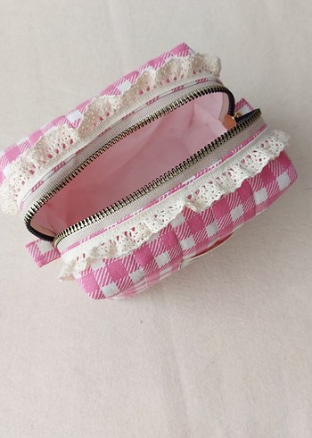 Dantel Detaylı Pembe Ekose Makyaj Çantası - Görsel 3