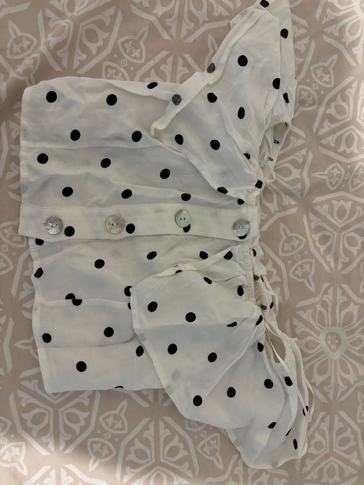 Düğmeli Beyaz Puantiyeli Bohem Kadın Bluz - Görsel 2