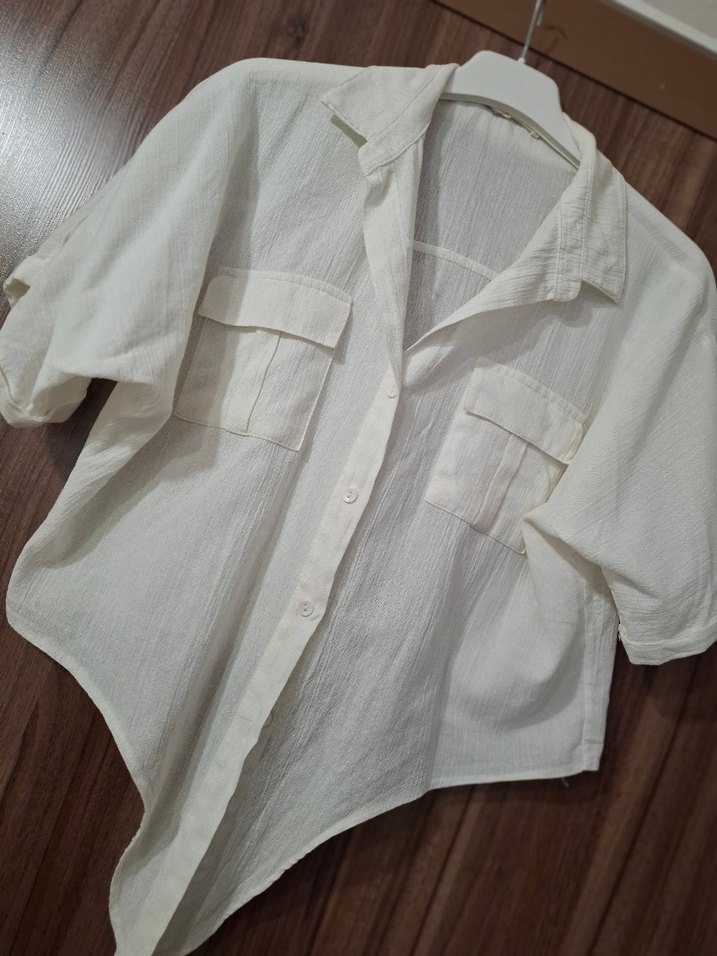 Düğmeli Beyaz Keten Mini Kadın Gömlek - Görsel 2