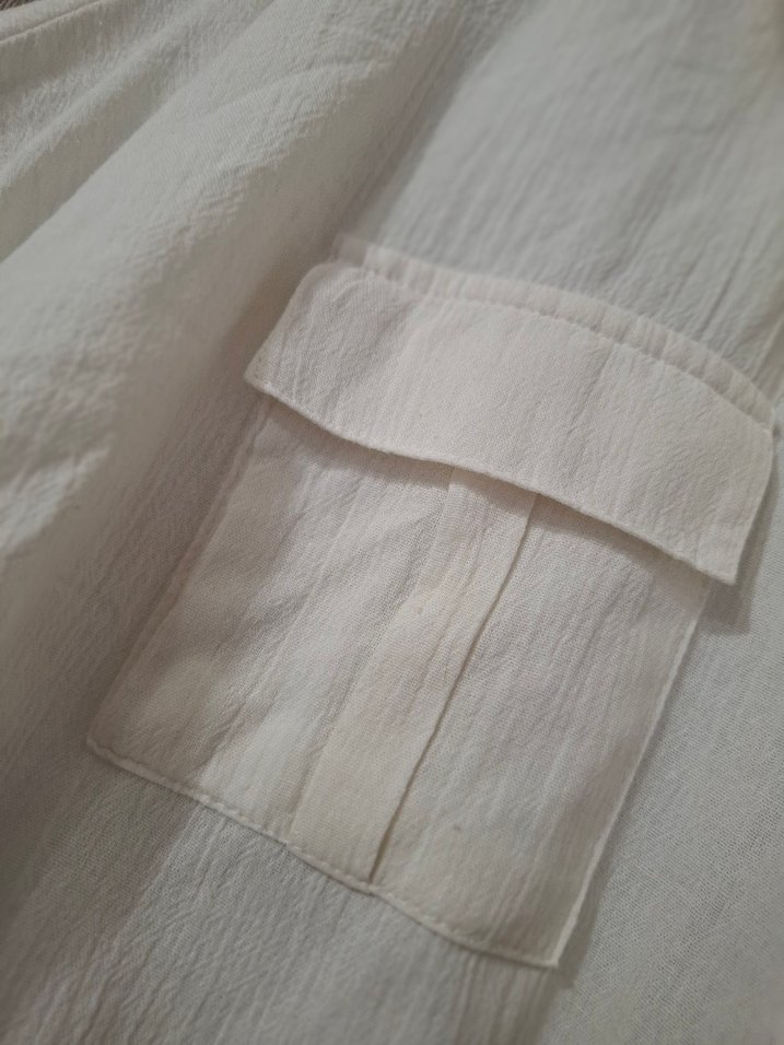 Düğmeli Beyaz Keten Mini Kadın Gömlek - Görsel 4