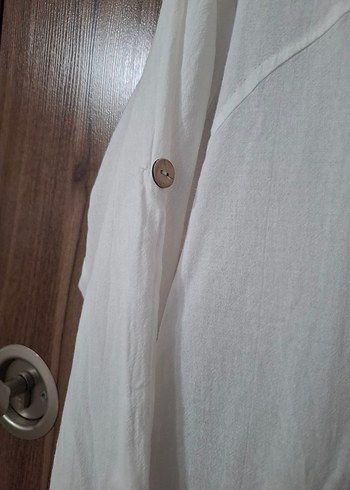 Nakışlı Kapüşonlu Beyaz Keten Ceket - Görsel 5