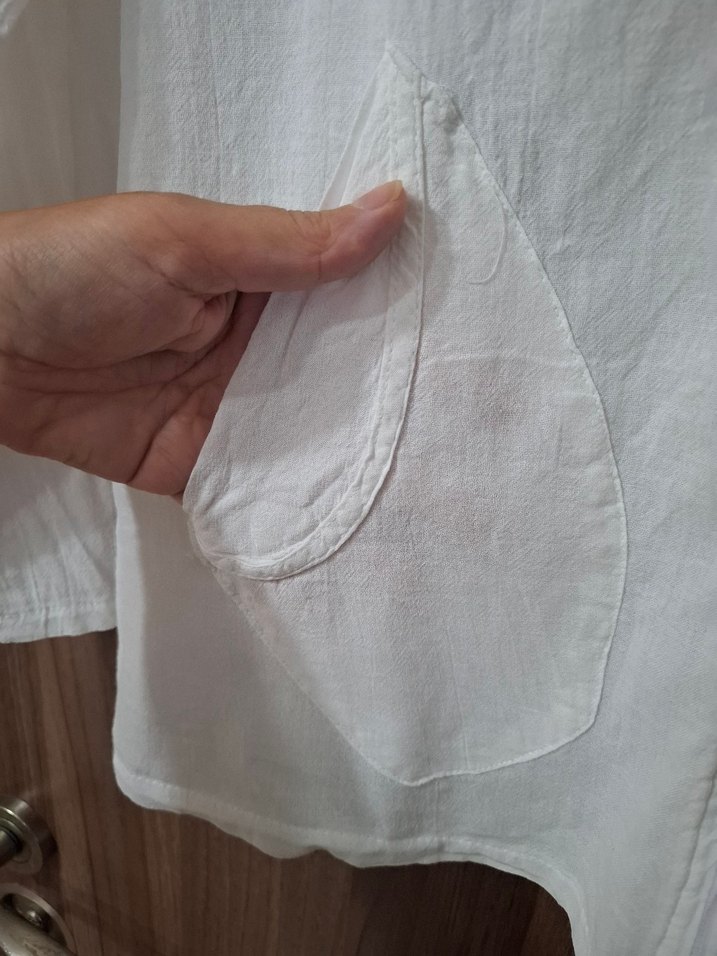 Nakışlı Kapüşonlu Beyaz Keten Ceket - Görsel 4