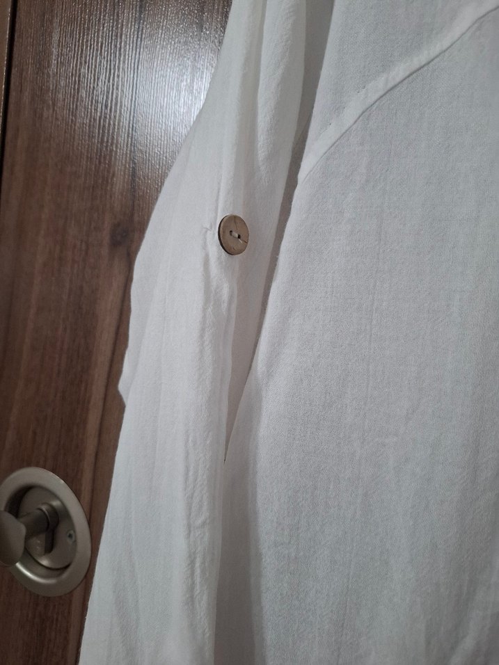 Nakışlı Kapüşonlu Beyaz Keten Ceket - Görsel 5