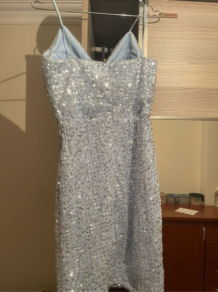 Mavi Mini V Yaka Parlak Abiye Elbise - Görsel 3