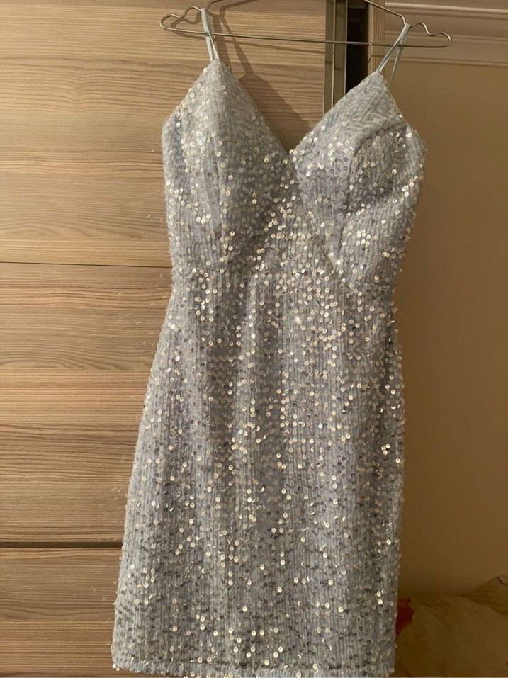 Mavi Mini V Yaka Parlak Abiye Elbise - Görsel 2