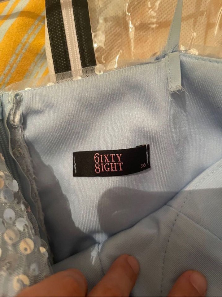 Mavi Mini V Yaka Parlak Abiye Elbise - Görsel 4