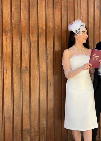 Elbise +Kep+Kolluk Modern Klasi Midi Beyaz Mini Nikah Elbisesi