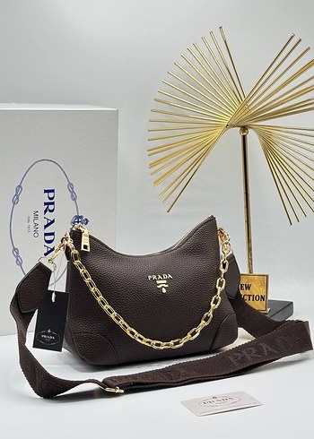 Bordo Deri Prada Zincir Detaylı Çanta - Görsel 2