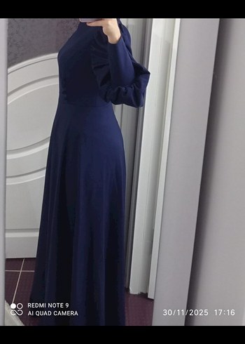 Lacivert Drapeli Uzun Kadın Elbise - Görsel 4