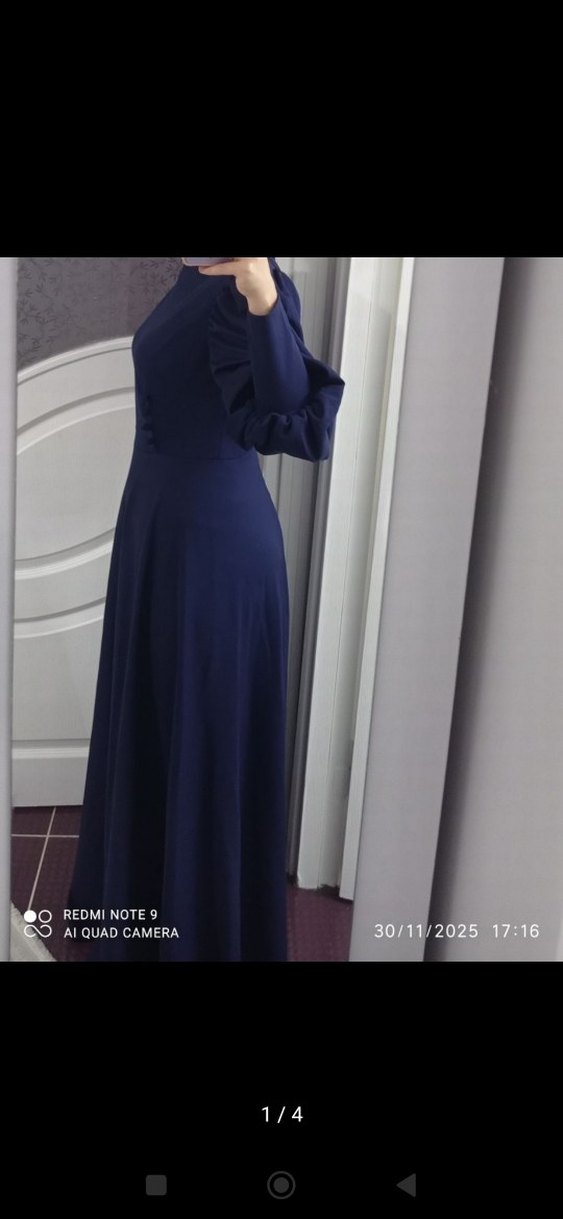 Lacivert Drapeli Uzun Kadın Elbise - Görsel 4