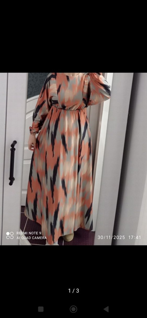 Uzun Bağlama Desenli Kadın Elbise - Görsel 3