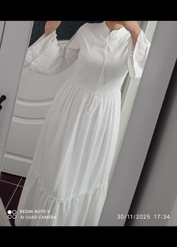 Kadın Beyaz Uzun Kollu Pamuklu Bohem Elbise - Görsel 2