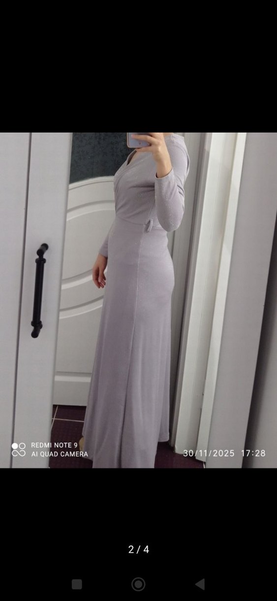 V Yaka Gri Uzun Kollu Drapeli Elbise - Görsel 4