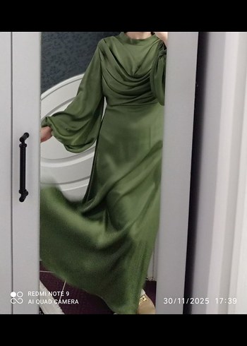 Uzun Kollu Haki Drapeli Kadın Elbise - Görsel 2