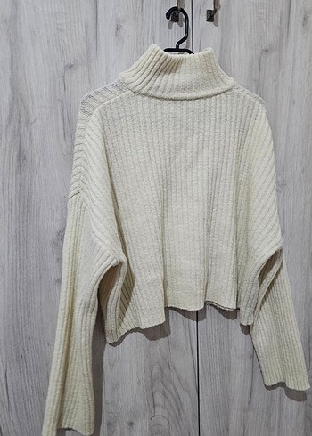 Beyaz Boğazlı Fermuarlı Kısa Örgü Kazak - Görsel 6