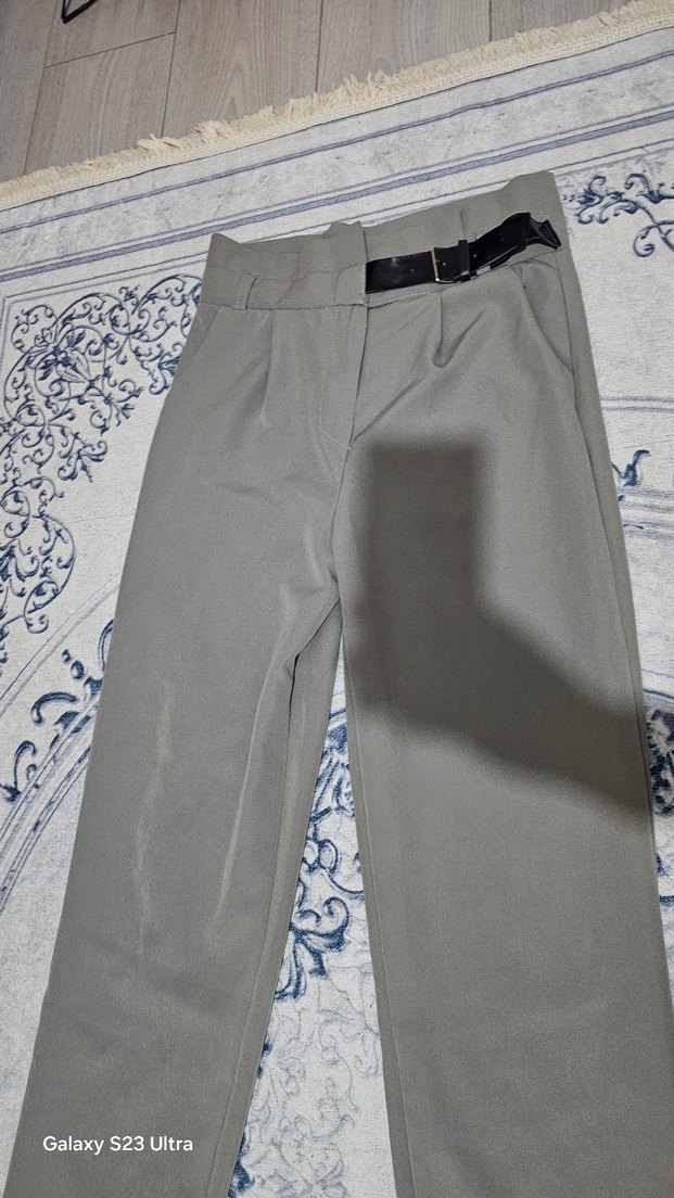 Gri Kendinden Kemerli Pantolon - Görsel 3