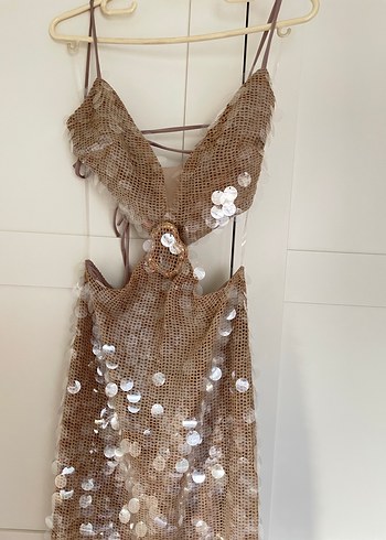 Bej İşlemeli Parlak Uzun Abiye Elbise - Görsel 6