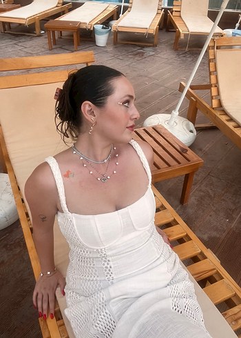 Beyaz Keten Kadın Bohem Drapeli Elbise - Görsel 3